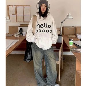 Fall Playful Hello Oversized Hoodie - Y2K Outfits for Women, Cute & Trendy