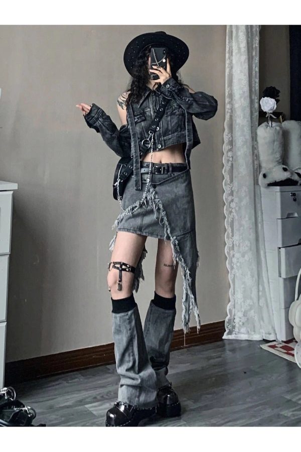 Fall Shredded Chaos Denim Set | Y2K Outfits Women for Trendy Style