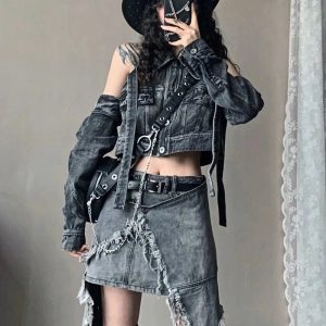 Fall Shredded Chaos Denim Set | Y2K Outfits Women for Trendy Style