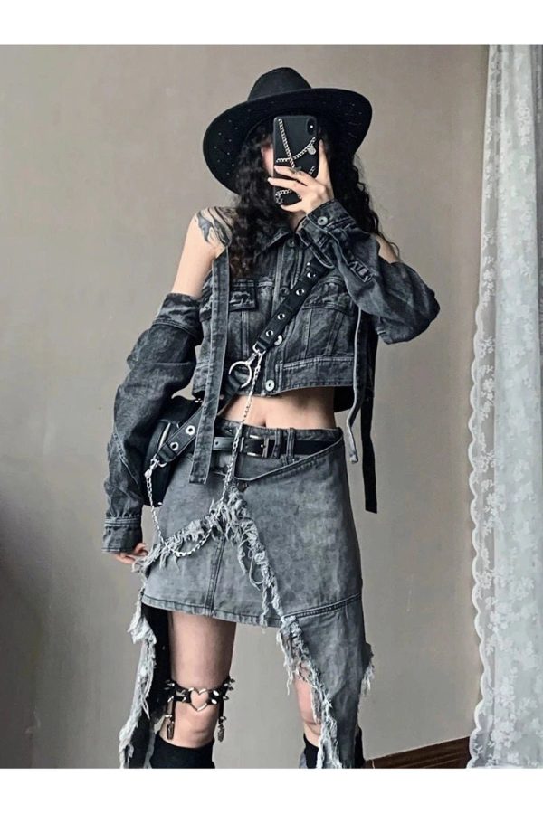 Fall Shredded Chaos Denim Set | Y2K Outfits Women for Trendy Style