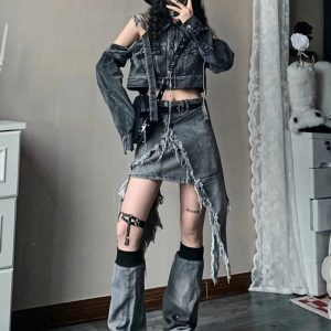 Fall Shredded Chaos Denim Set | Y2K Outfits Women for Trendy Style