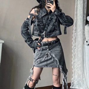 Fall Shredded Chaos Denim Set | Y2K Outfits Women for Trendy Style