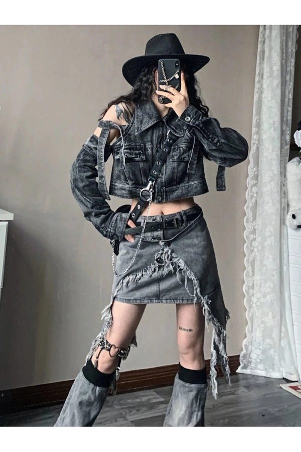 Fall Shredded Chaos Denim Set | Y2K Outfits Women for Trendy Style