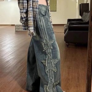 Fall Shredded Grunge Wide-Leg Jeans - Y2K Outfits for Women & Emo Style