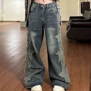 Fall Shredded Grunge Wide-Leg Jeans - Y2K Outfits for Women & Emo Style