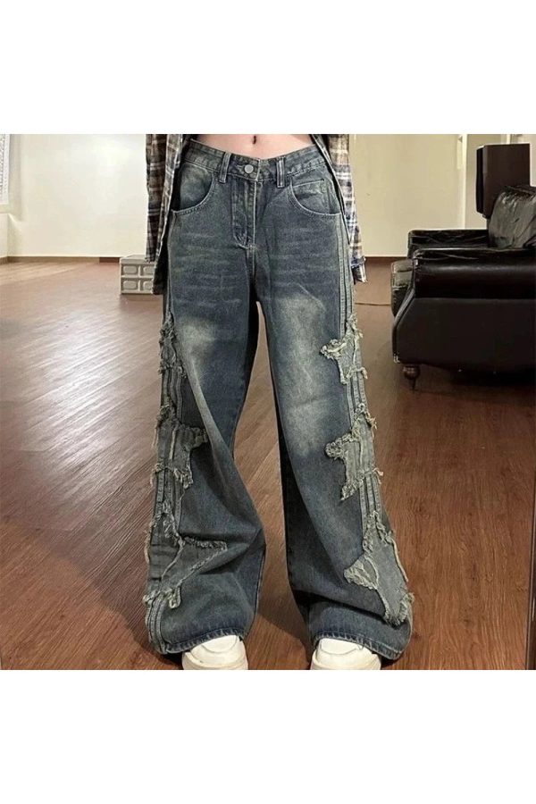 Fall Shredded Grunge Wide-Leg Jeans - Y2K Outfits for Women & Emo Style