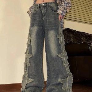 Fall Shredded Grunge Wide-Leg Jeans - Y2K Outfits for Women & Emo Style