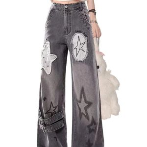 Fall Star Patchwork Wide-Leg Jeans - Trendy Y2K Outfits for Women