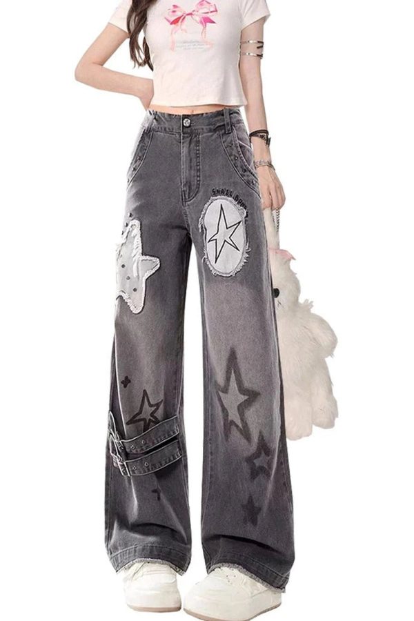 Fall Star Patchwork Wide-Leg Jeans - Trendy Y2K Outfits for Women