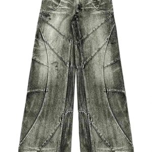 Fall Vintage Washed Patchwork Jeans - Y2K Outfits for Women, Cute Style