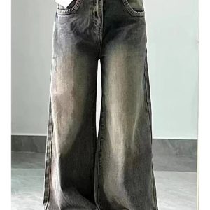 Fall Vintage Washed Wide-Leg Jeans - Y2K Outfits for Women & Girls