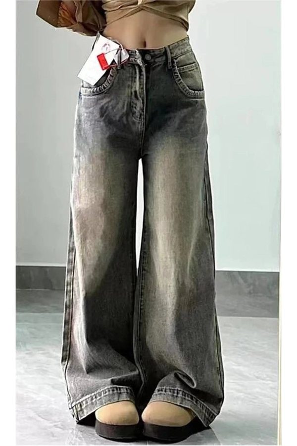 Fall Vintage Washed Wide-Leg Jeans - Y2K Outfits for Women & Girls