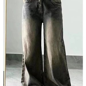 Fall Vintage Washed Wide-Leg Jeans - Y2K Outfits for Women & Girls