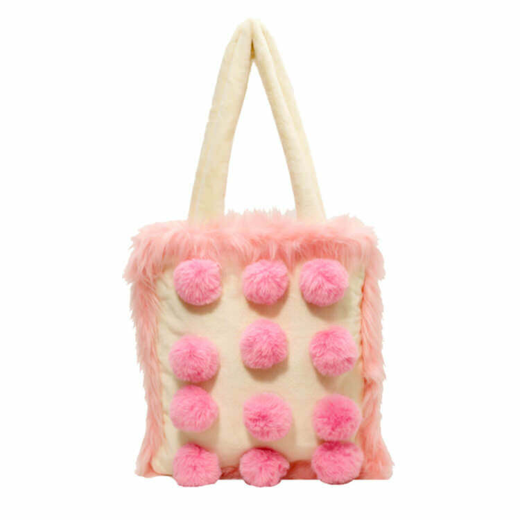 Fluffy Pom Poms Bag in Pink - Trendy Y2K Outfits for Women & Girls