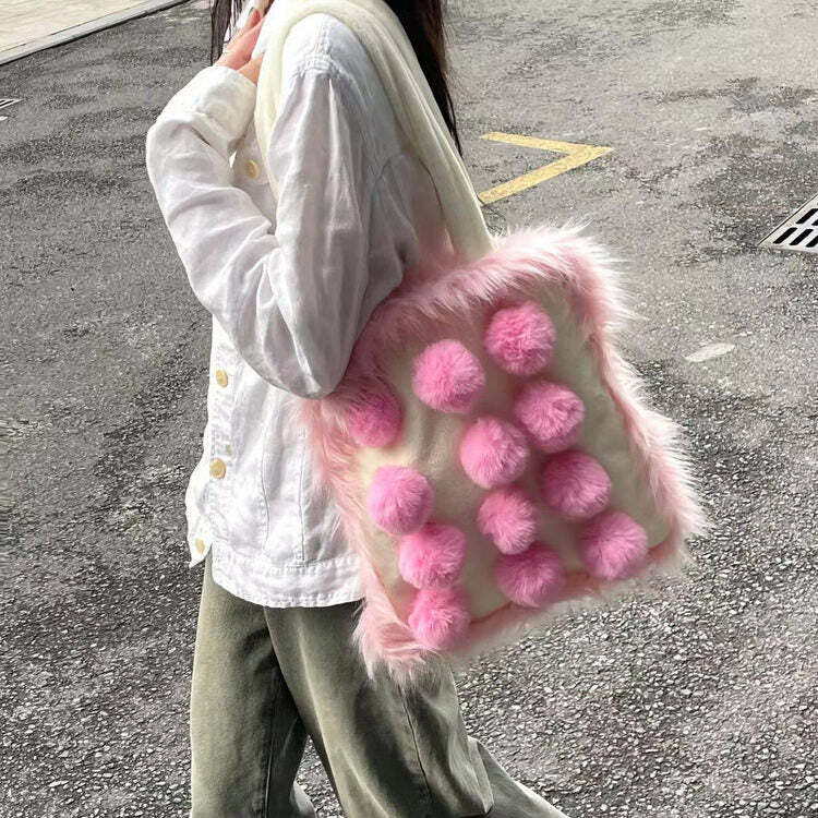 Fluffy Pom Poms Bag in Pink - Trendy Y2K Outfits for Women & Girls