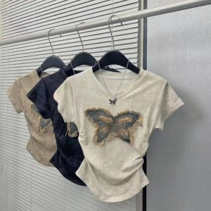 Frayed Butterfly Patch Top - Trendy Y2K Outfits for Women & Girls