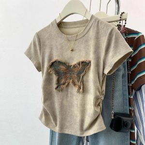 Frayed Butterfly Patch Top - Trendy Y2K Outfits for Women & Girls