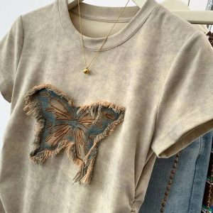 Frayed Butterfly Patch Top - Trendy Y2K Outfits for Women & Girls