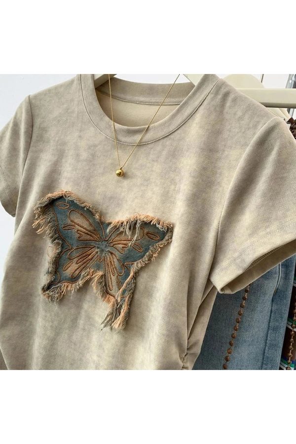 Frayed Butterfly Patch Top - Trendy Y2K Outfits for Women & Girls