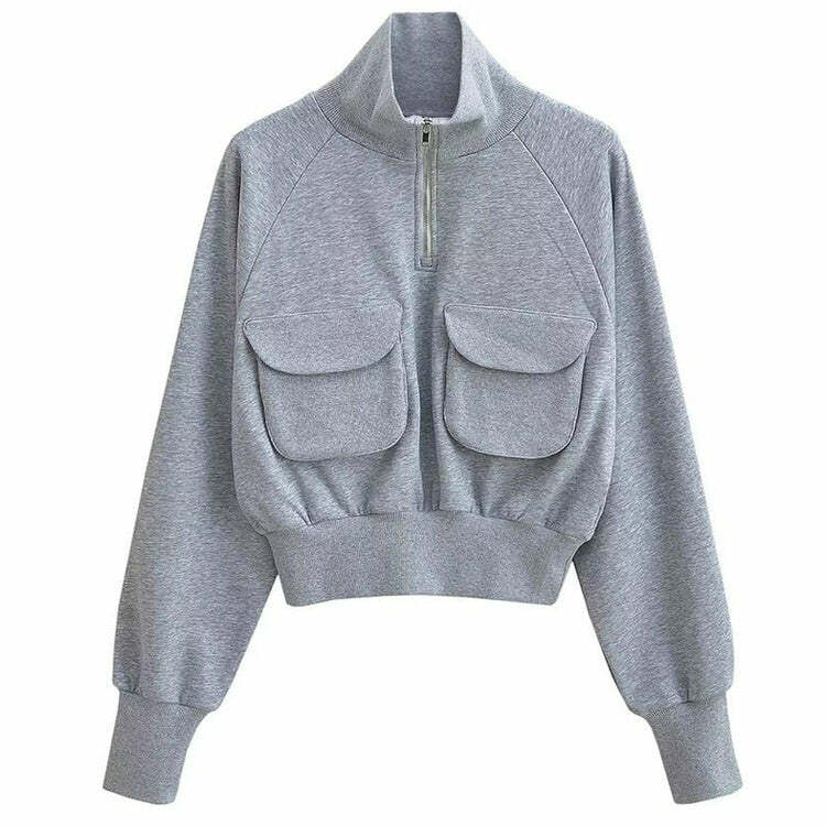 Front Pockets Grey Zip Up Sweatshirt - Y2K Outfits for Women & Girls