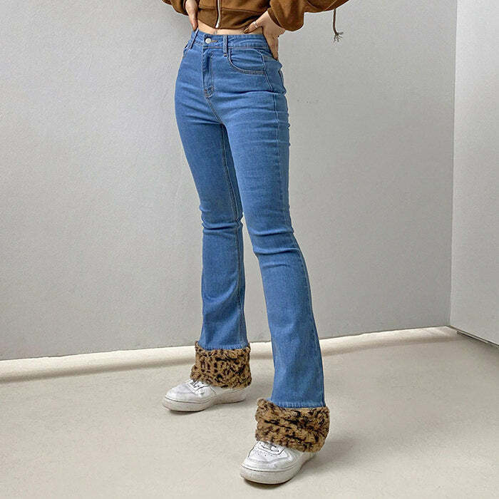 Fuzzy Leopard Trim Jeans - Trendy Y2K Outfits for Women & Girls