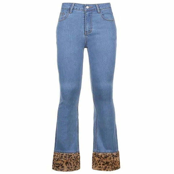 Fuzzy Leopard Trim Jeans - Trendy Y2K Outfits for Women & Girls