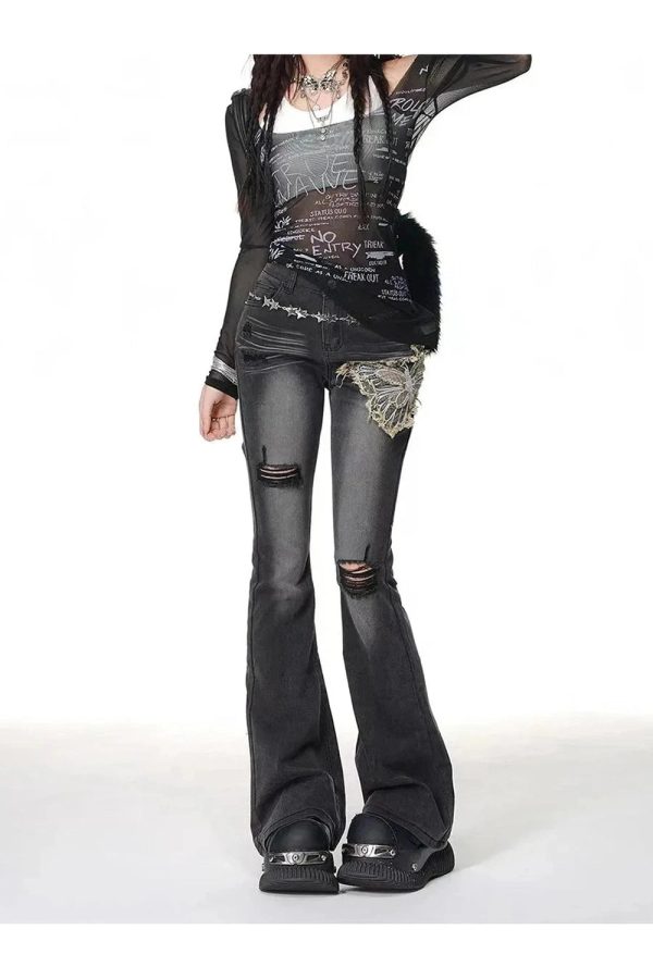 Gothic Butterfly Distressed Flare Jeans - Y2K Outfits for Women