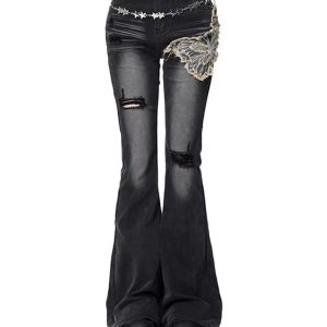 Gothic Butterfly Distressed Flare Jeans - Y2K Outfits for Women