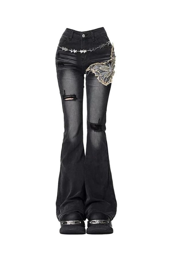 Gothic Butterfly Distressed Flare Jeans - Y2K Outfits for Women