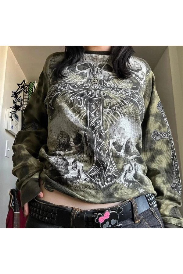 Gothic Cross and Skull Print Long Sleeve Y2K Outfits for Women