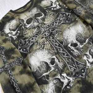 Gothic Cross and Skull Print Long Sleeve Y2K Outfits for Women