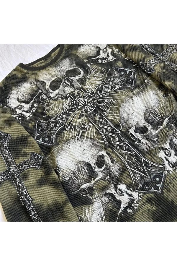 Gothic Cross and Skull Print Long Sleeve Y2K Outfits for Women