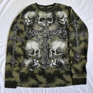 Gothic Cross and Skull Print Long Sleeve Y2K Outfits for Women