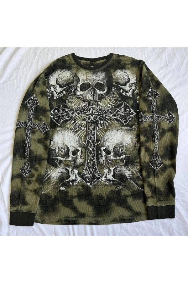 Gothic Cross and Skull Print Long Sleeve Y2K Outfits for Women