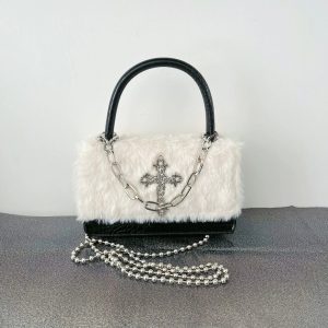 Gothic Cross Faux Fur Shoulder Bag | Y2K Outfits Women Fashion Accessory