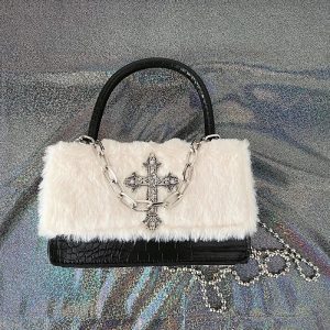 Gothic Cross Faux Fur Shoulder Bag | Y2K Outfits Women Fashion Accessory