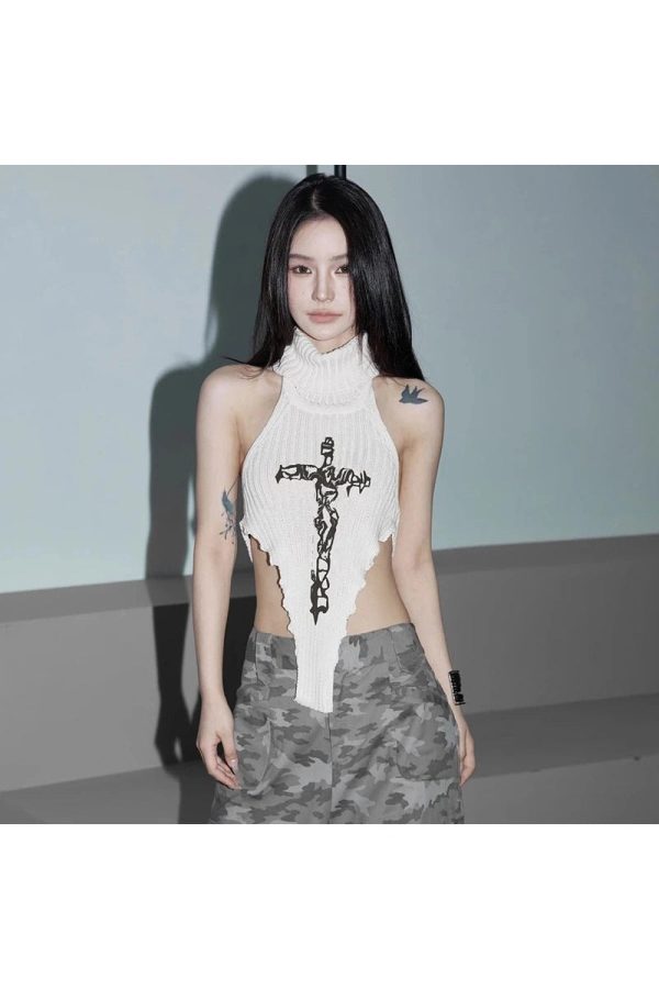 Gothic Cross Halter Knit Top - Trendy Y2K Outfits for Women