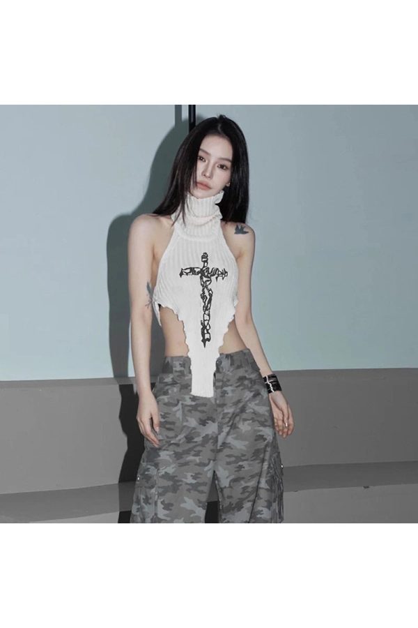 Gothic Cross Halter Knit Top - Trendy Y2K Outfits for Women