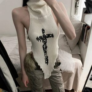 Gothic Cross Halter Knit Top - Trendy Y2K Outfits for Women