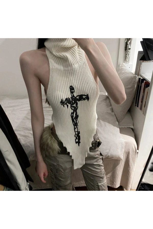 Gothic Cross Halter Knit Top - Trendy Y2K Outfits for Women