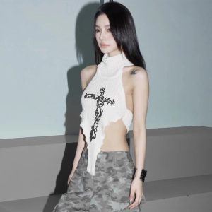 Gothic Cross Halter Knit Top - Trendy Y2K Outfits for Women