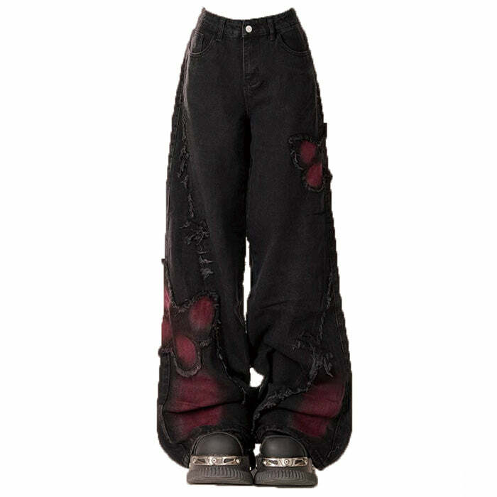 Grunge Aesthetic Black & Red Butterfly Jeans | Y2K Outfits Women Style