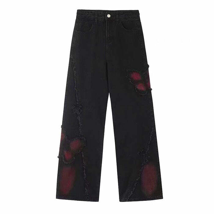 Grunge Aesthetic Black & Red Butterfly Jeans | Y2K Outfits Women Style