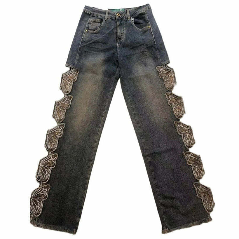 Grunge Aesthetic Butterfly Cut Out Jeans - Y2K Outfits for Women