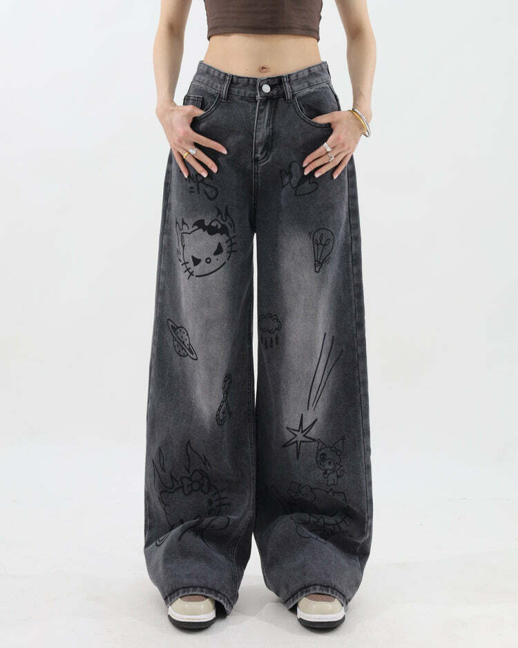 Grunge Aesthetic Cat Jeans - Y2K Outfits for Women, Cute & Trendy Style