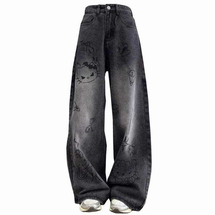 Grunge Aesthetic Cat Jeans - Y2K Outfits for Women, Cute & Trendy Style