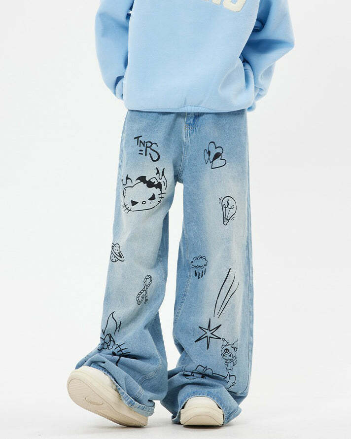 Grunge Aesthetic Cat Jeans in Blue - Y2K Outfits for Women & Girls