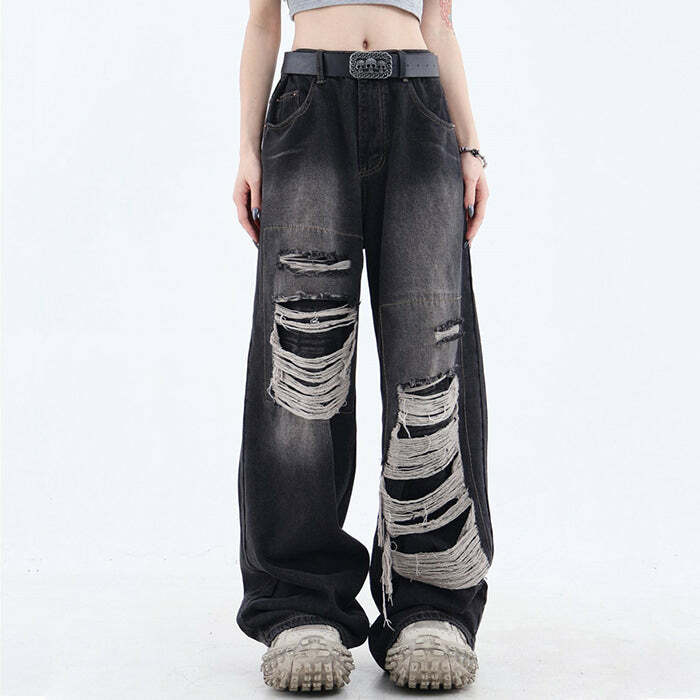 Grunge Aesthetic Ripped Wide Jeans - Y2K Outfits for Women & Girls