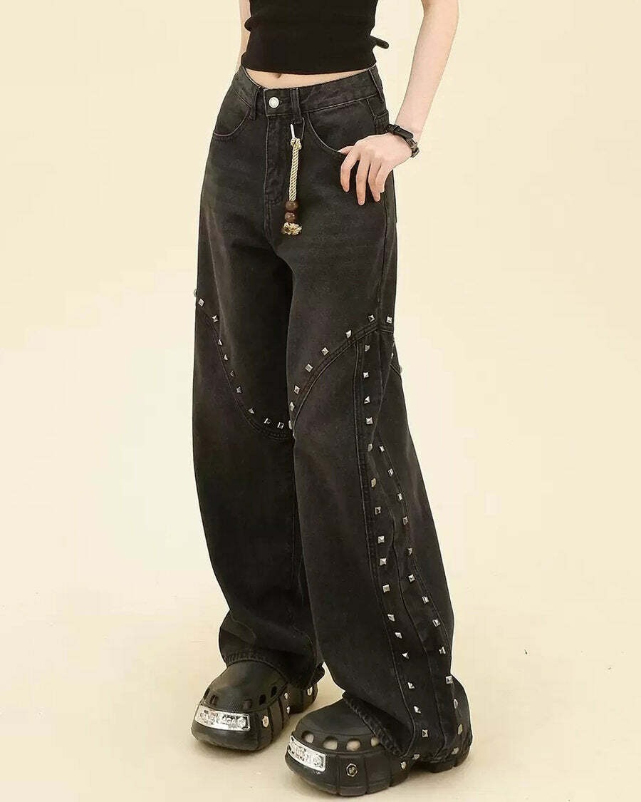 Grunge Aesthetic Rivet Jeans - Y2K Outfits for Women, Cute & Trendy