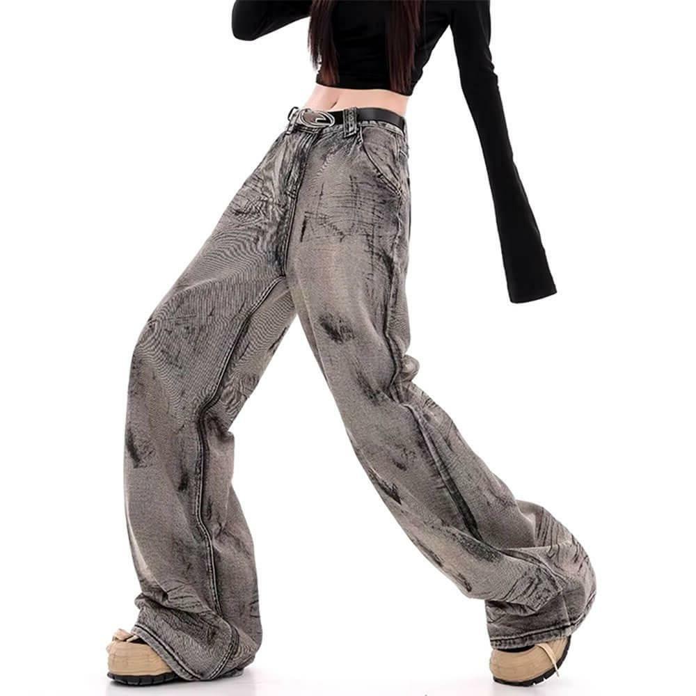 Grunge Aesthetic Wide-Leg Jeans for Y2K Outfits Women in Grey